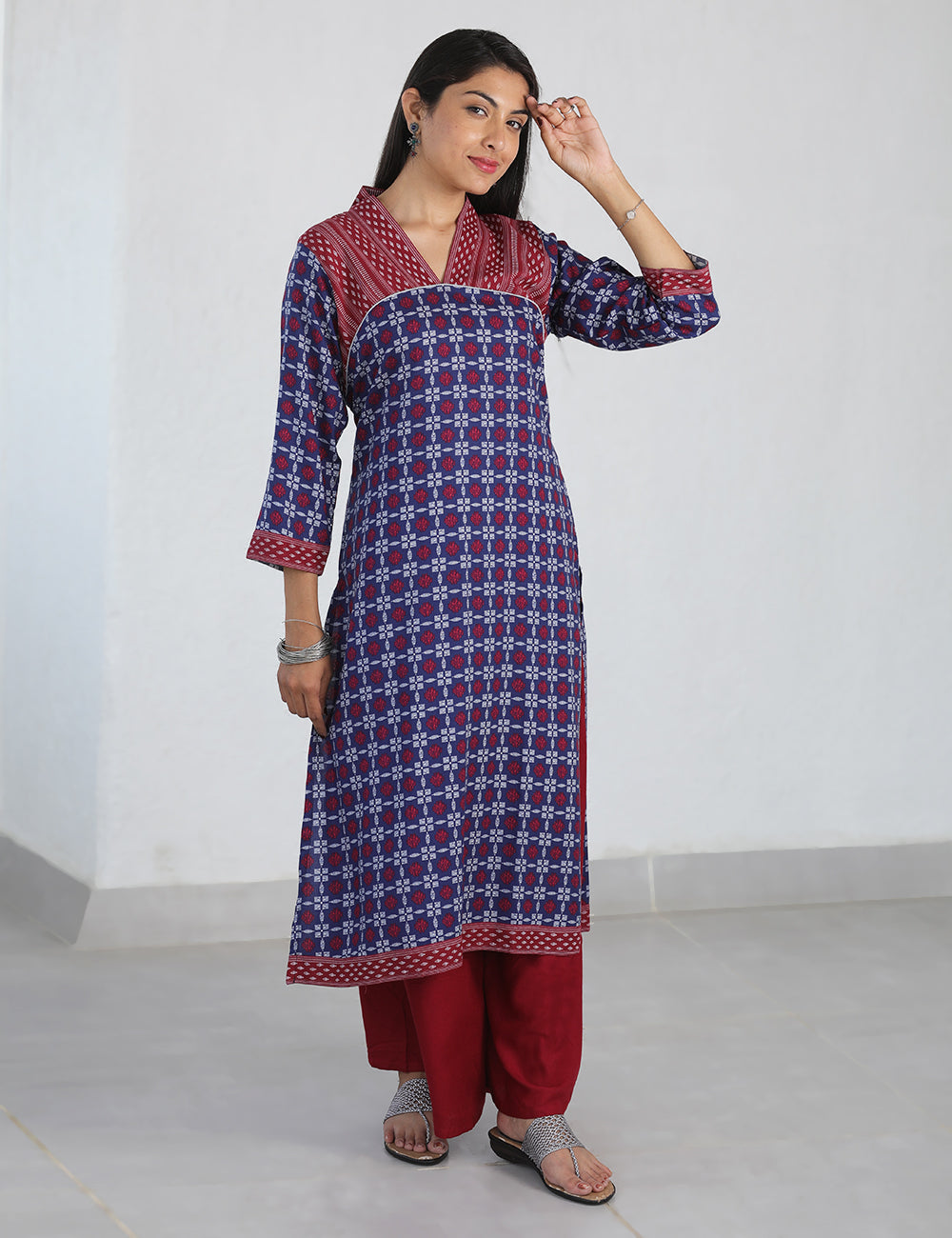 Navy Maroon Dual Printed Long Kurta