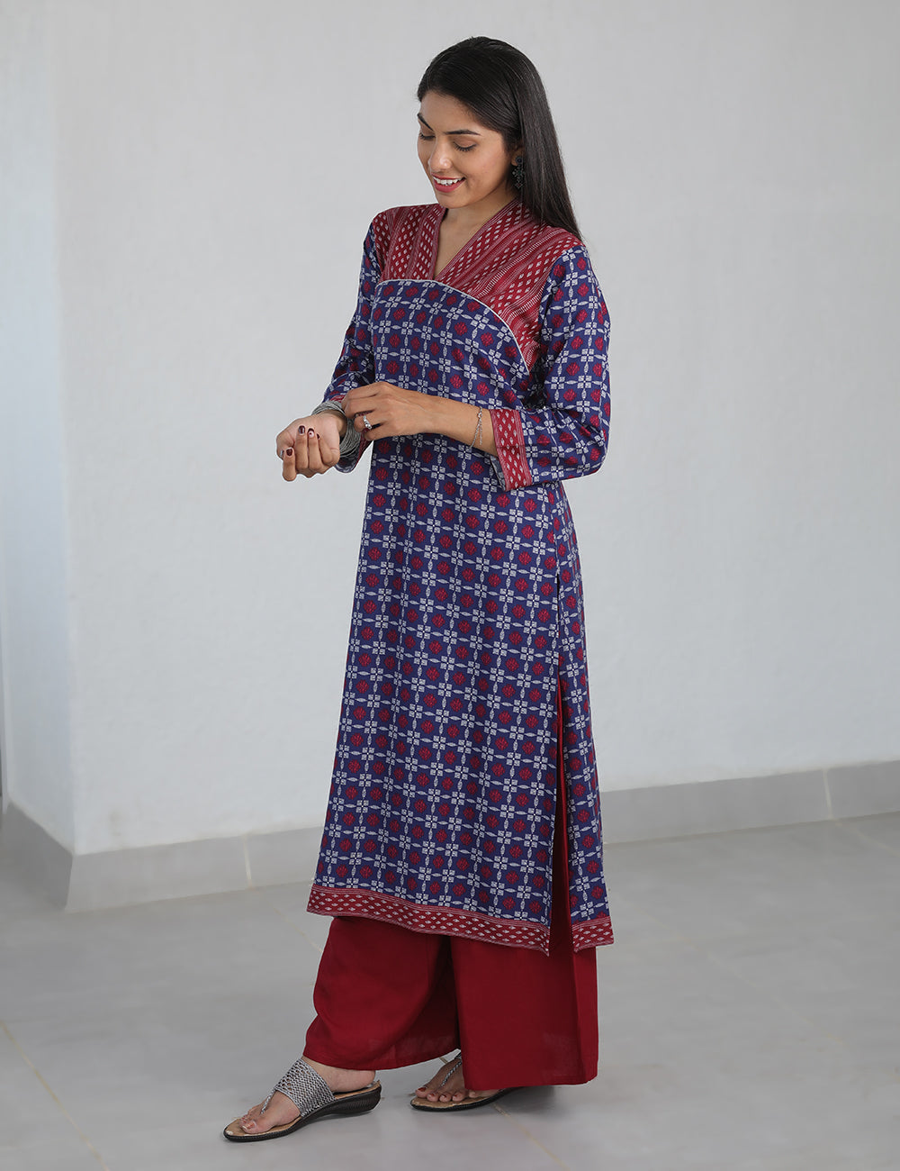 Navy Maroon Dual Printed Long Kurta