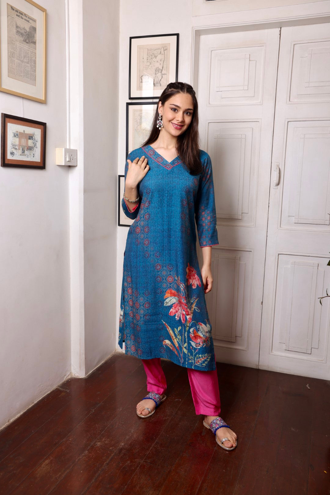 Navy Blue Floral Daaman Long Kurta