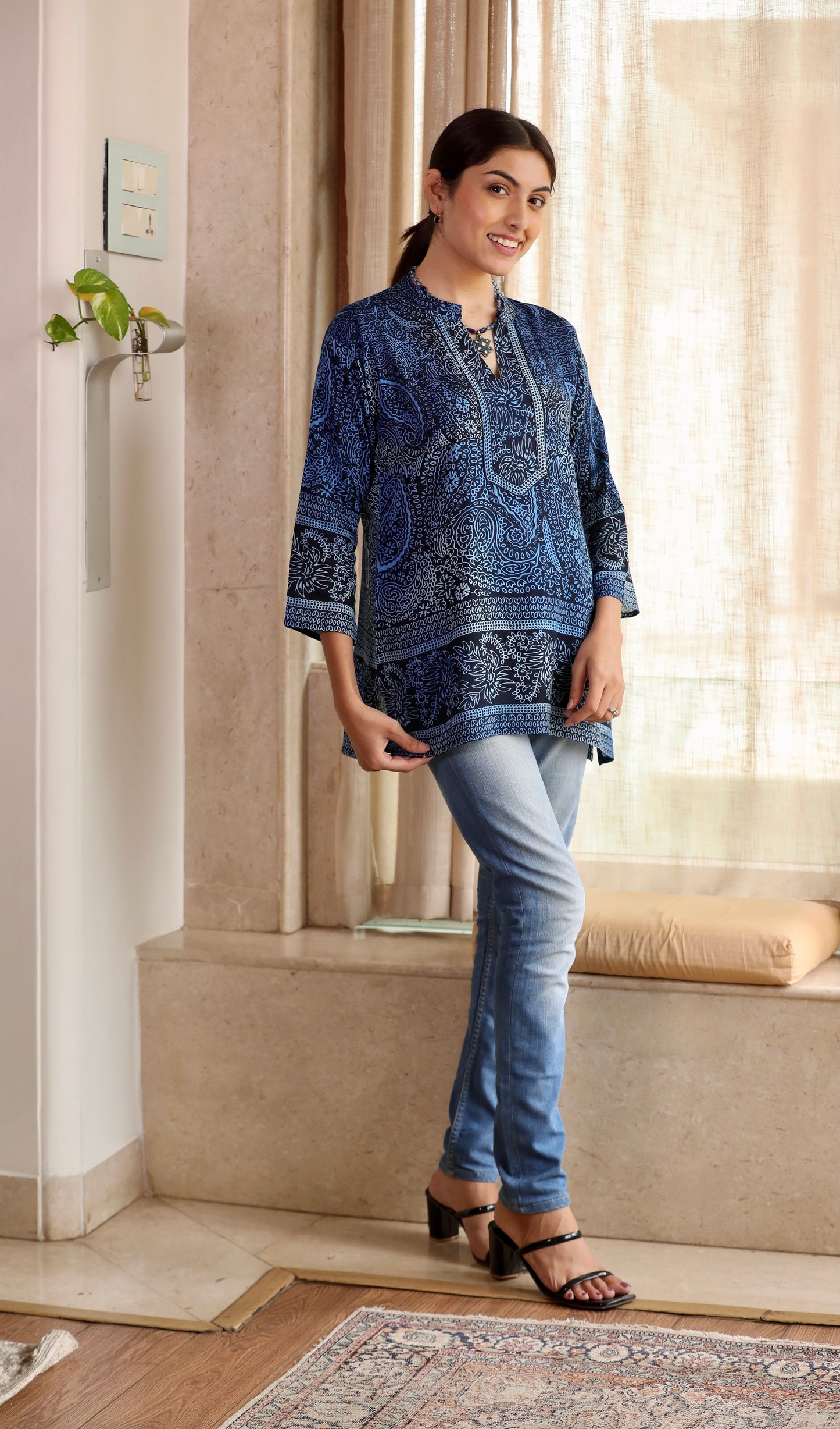 Navy Blue Printed Short Kurti