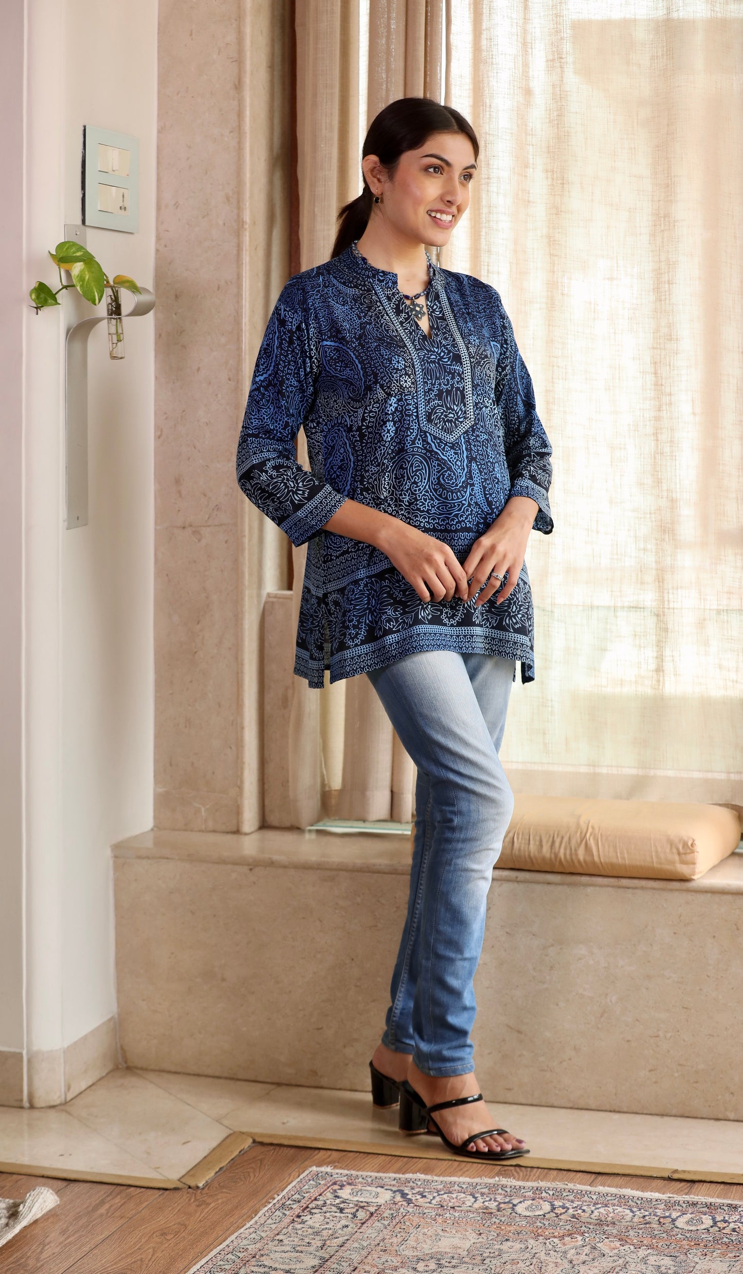 Navy Blue Printed Short Kurti