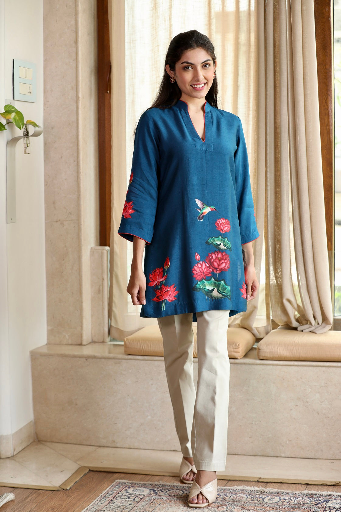 Blue Silk Printed Short Kurti