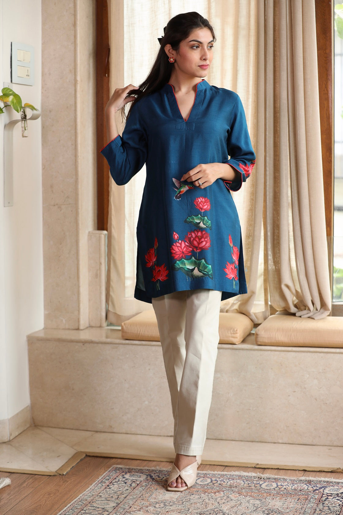 Blue Silk Printed Short Kurti