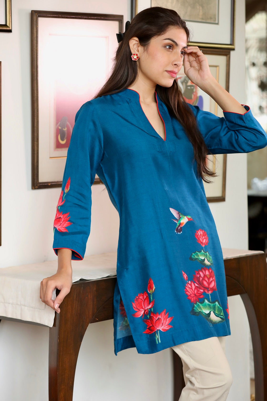 Blue Silk Printed Short Kurti