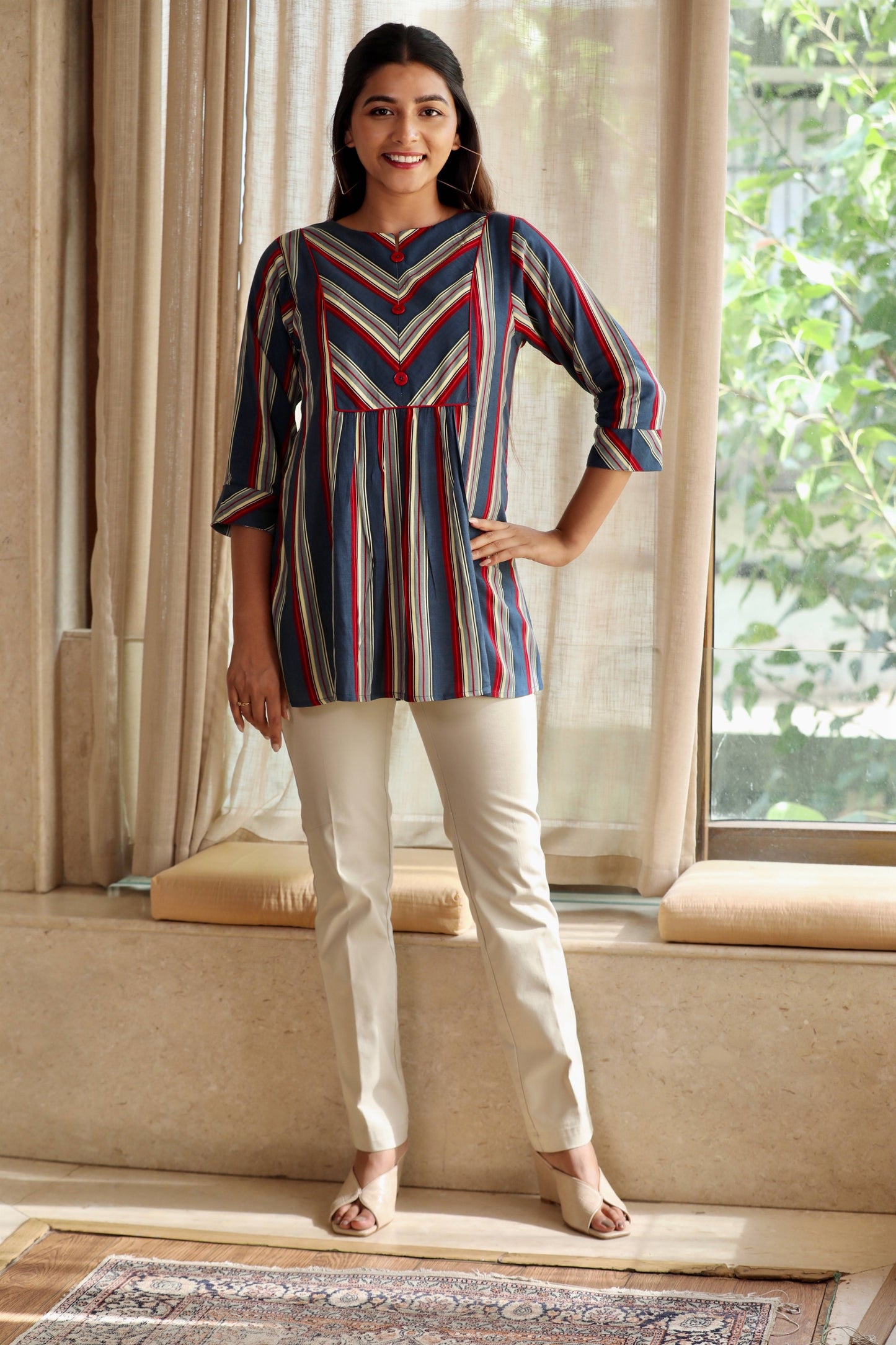 Blue Maroon Striped Short Kurti