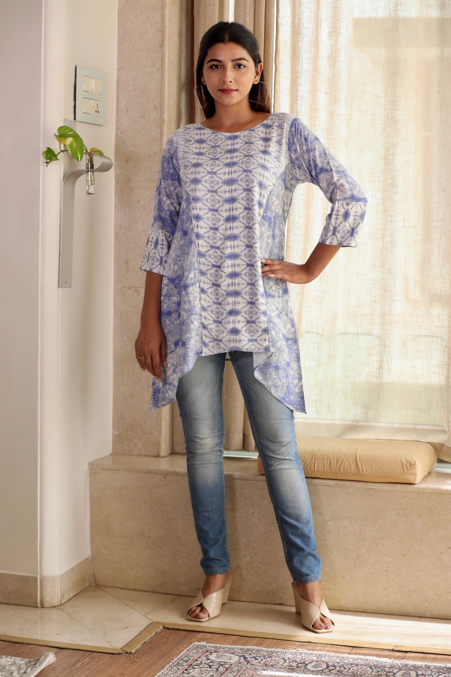 White Blue Printed Short Kurti