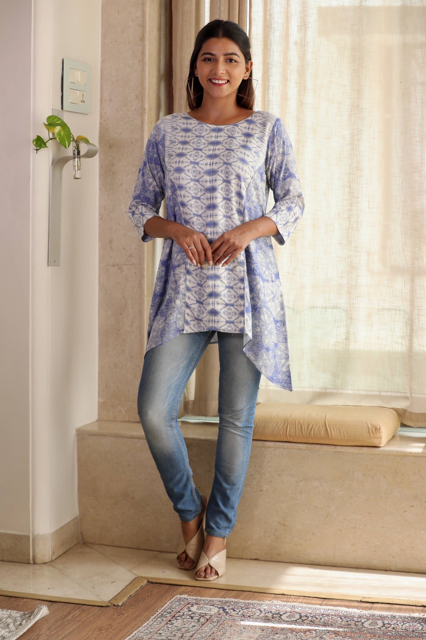 White Blue Printed Short Kurti