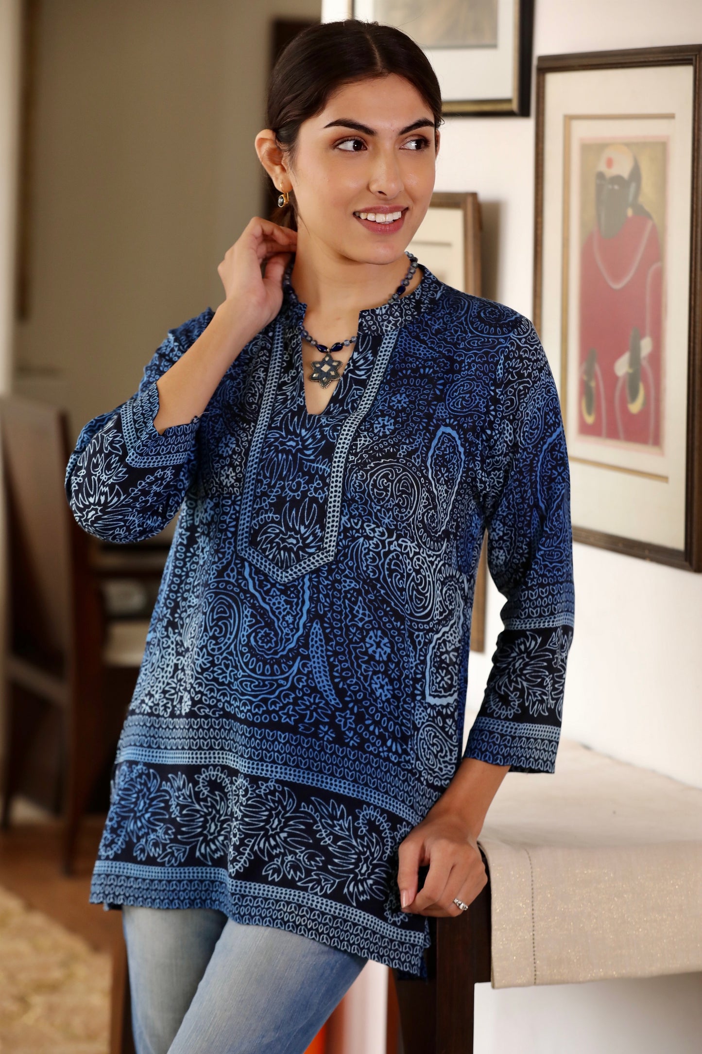 Navy Blue Printed Short Kurti