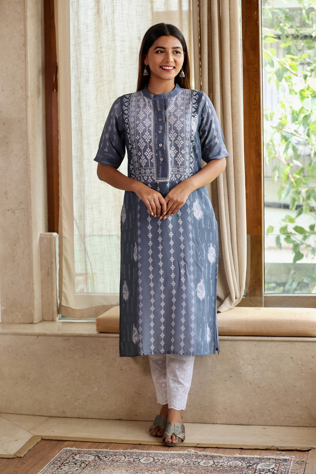 Grey Rayon Bandhani Kurta