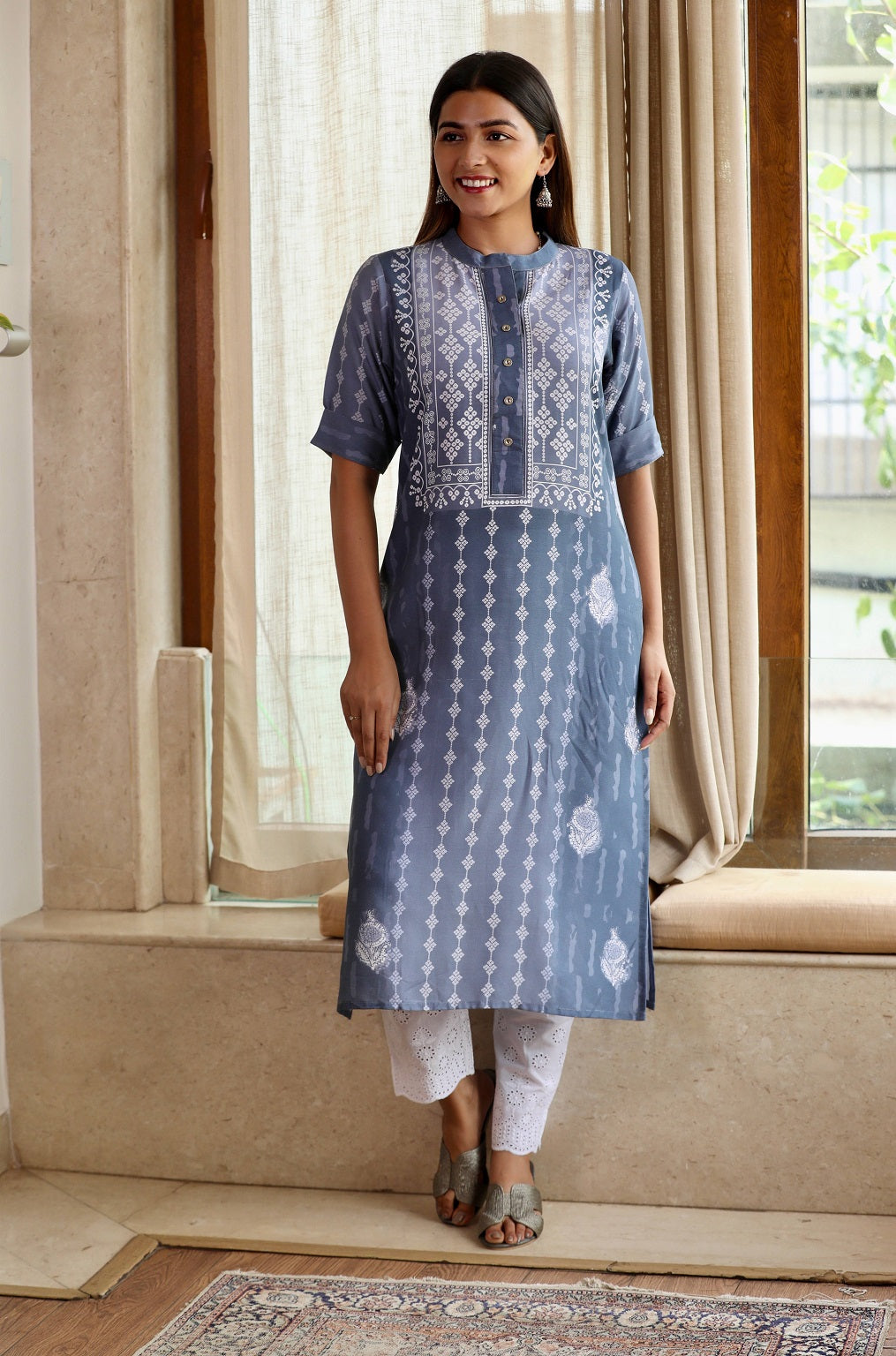 Grey Rayon Bandhani Kurta