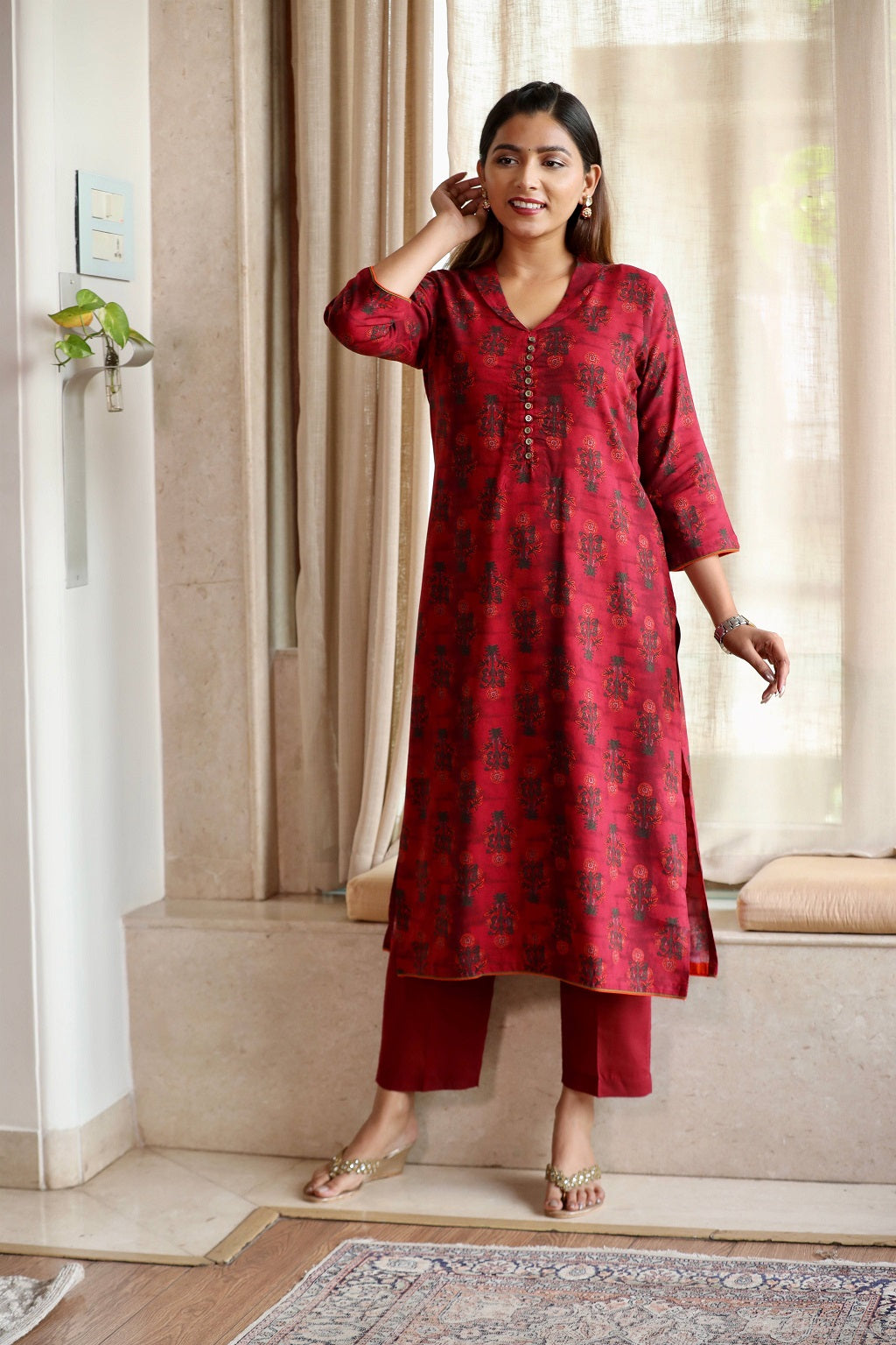 Maroon Printed Long kurta