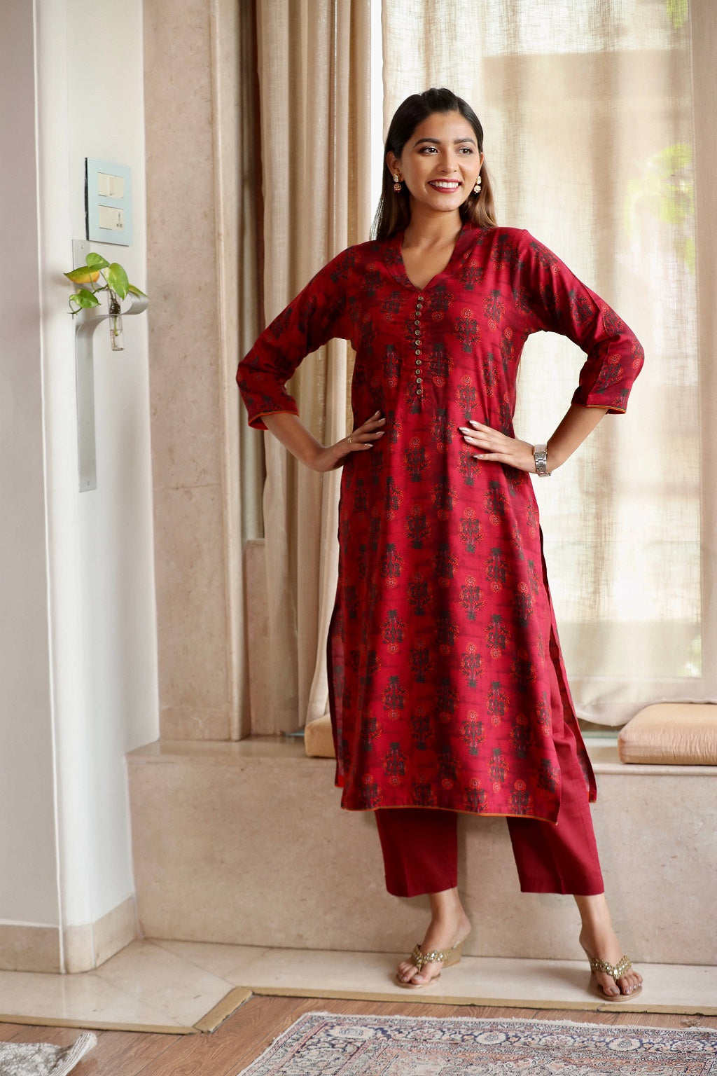 Maroon Printed Long kurta