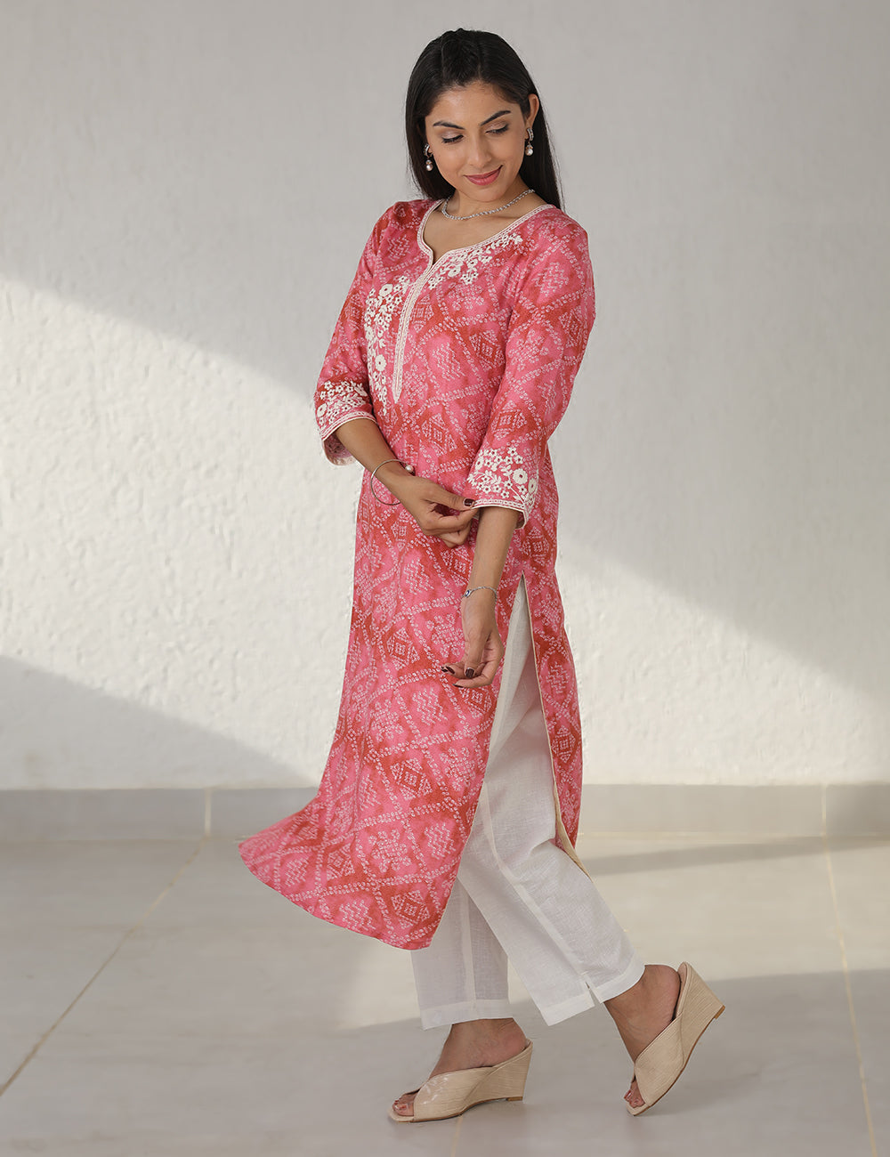 Pink Bandhani Long Kurta