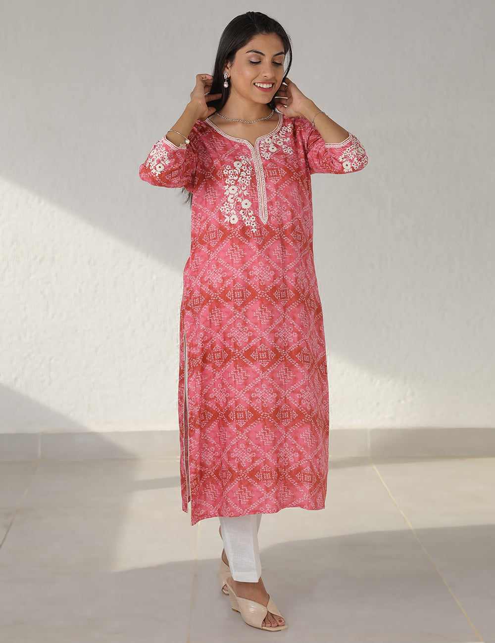 Pink Bandhani Long Kurta