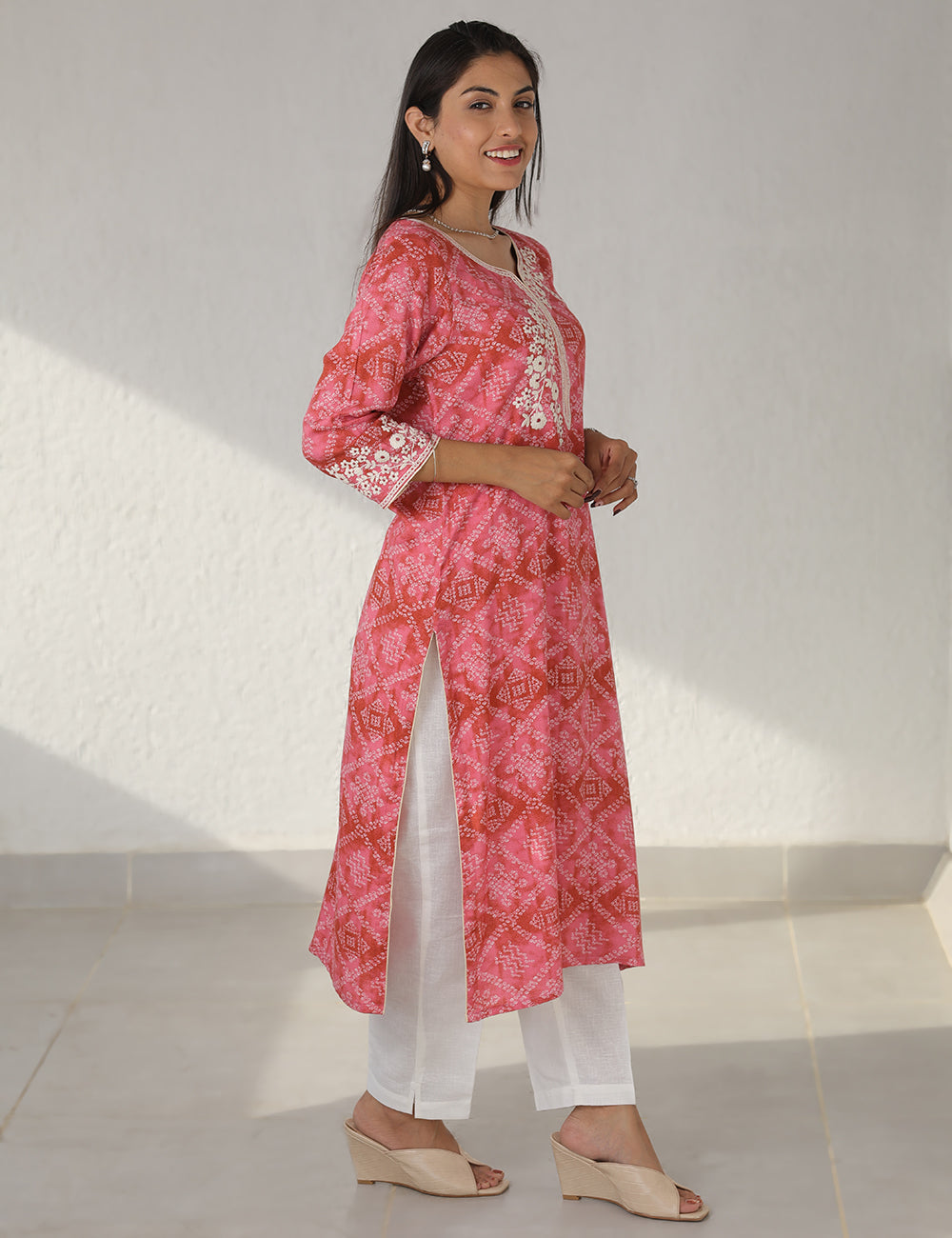 Pink Bandhani Long Kurta