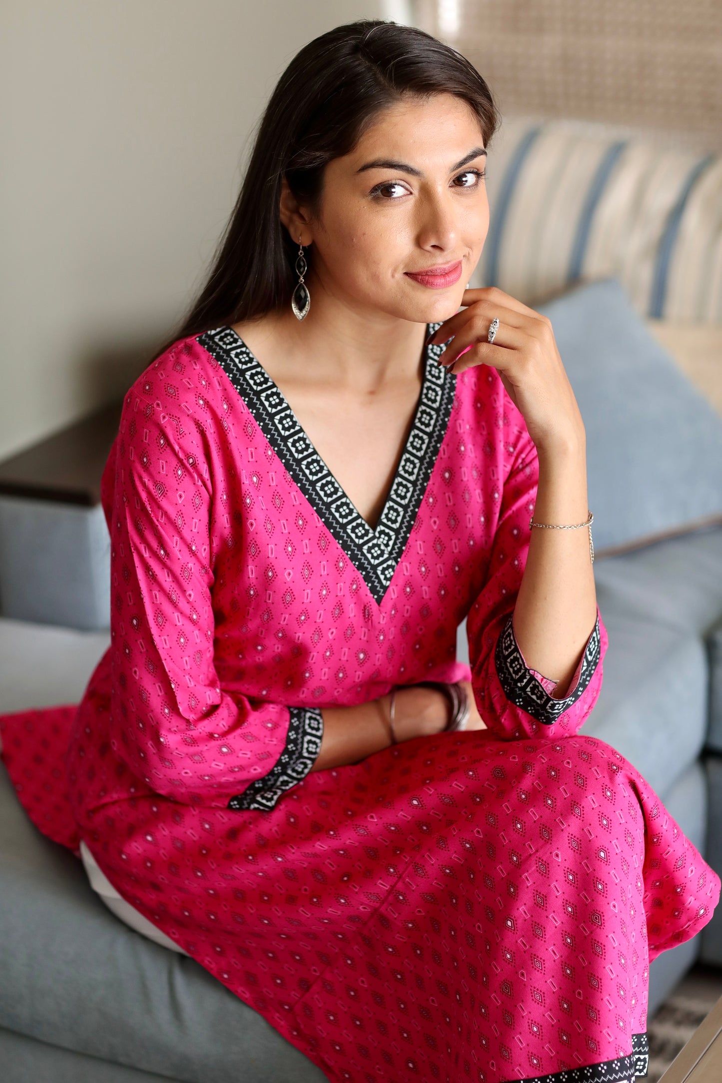 Pink V Neck Long Kurta