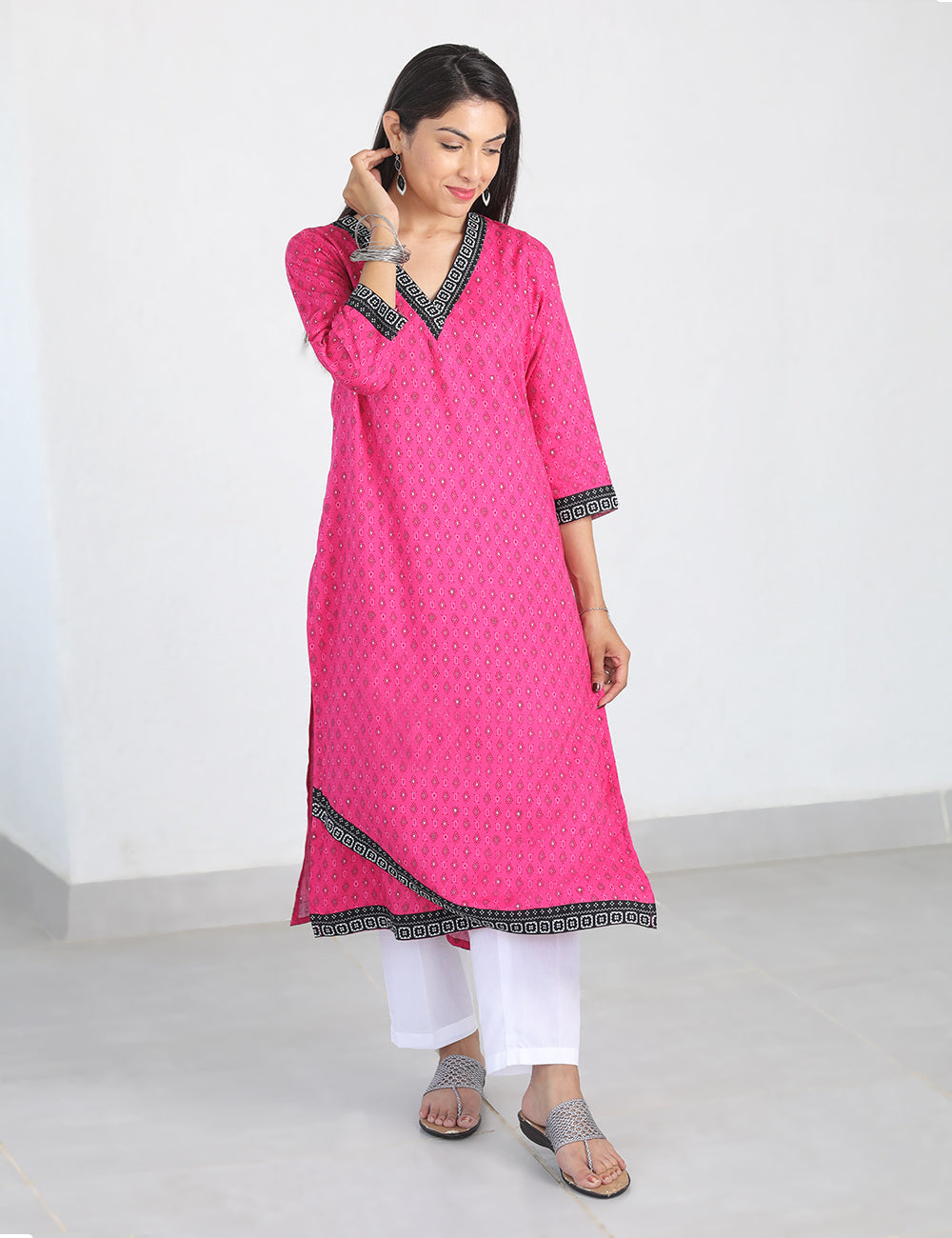 Pink V Neck Long Kurta