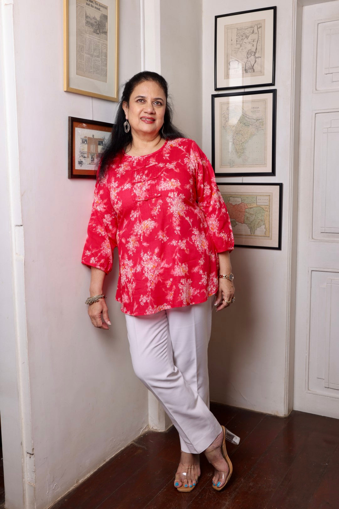 Pink White Cotton Printed Short Kurti