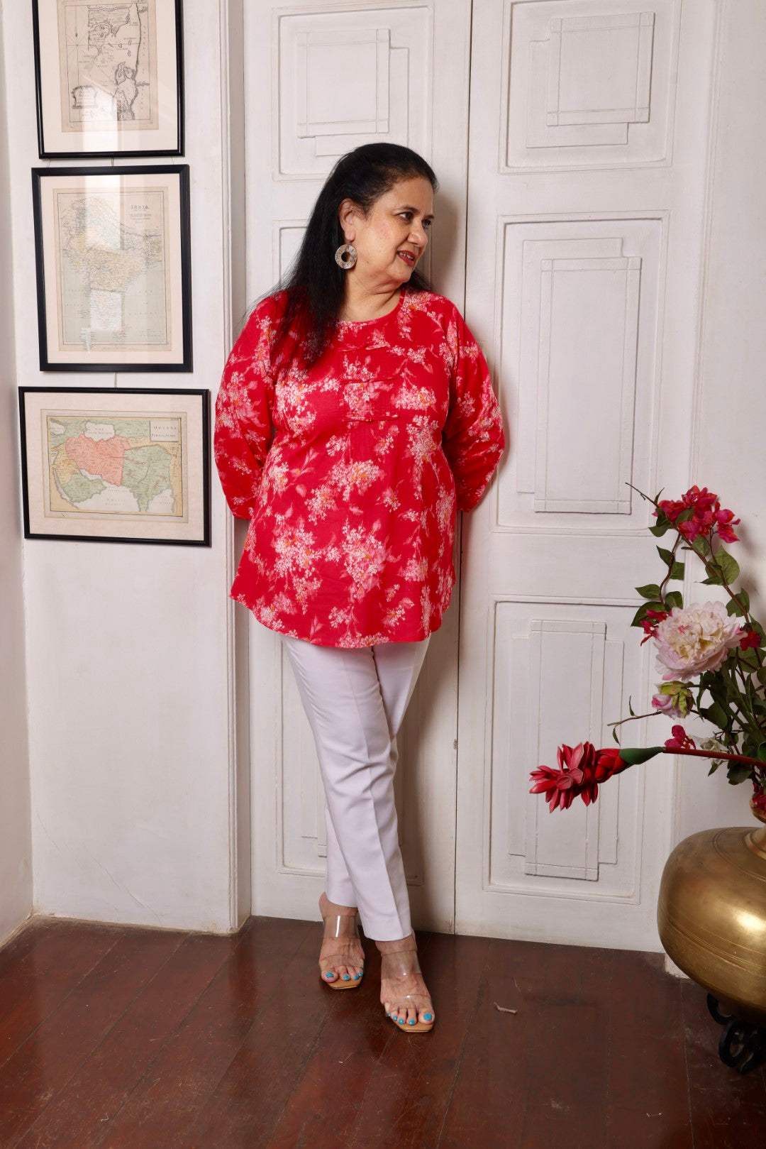 Pink White Cotton Printed Short Kurti