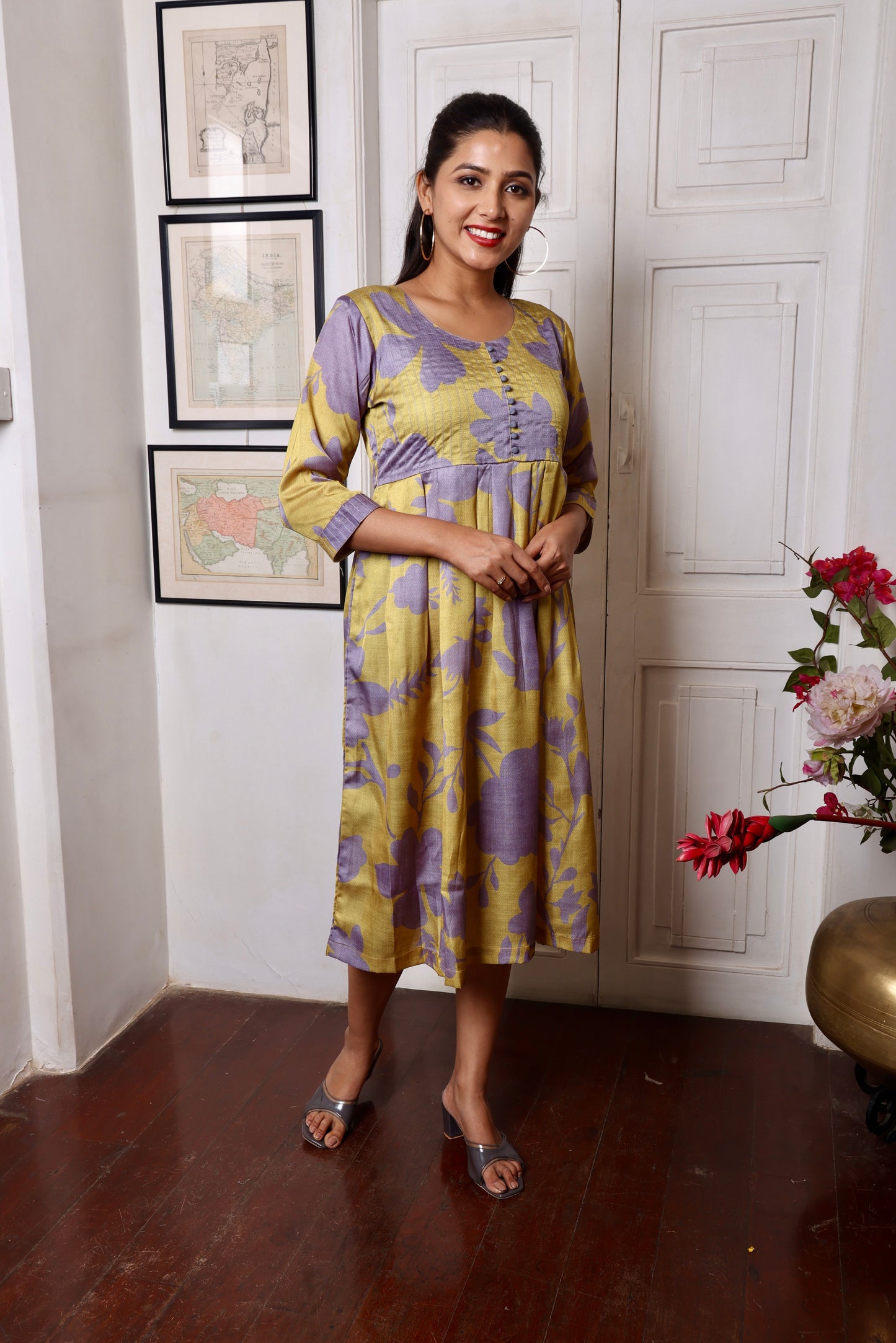 Yellow Green Floral Muslin Dress