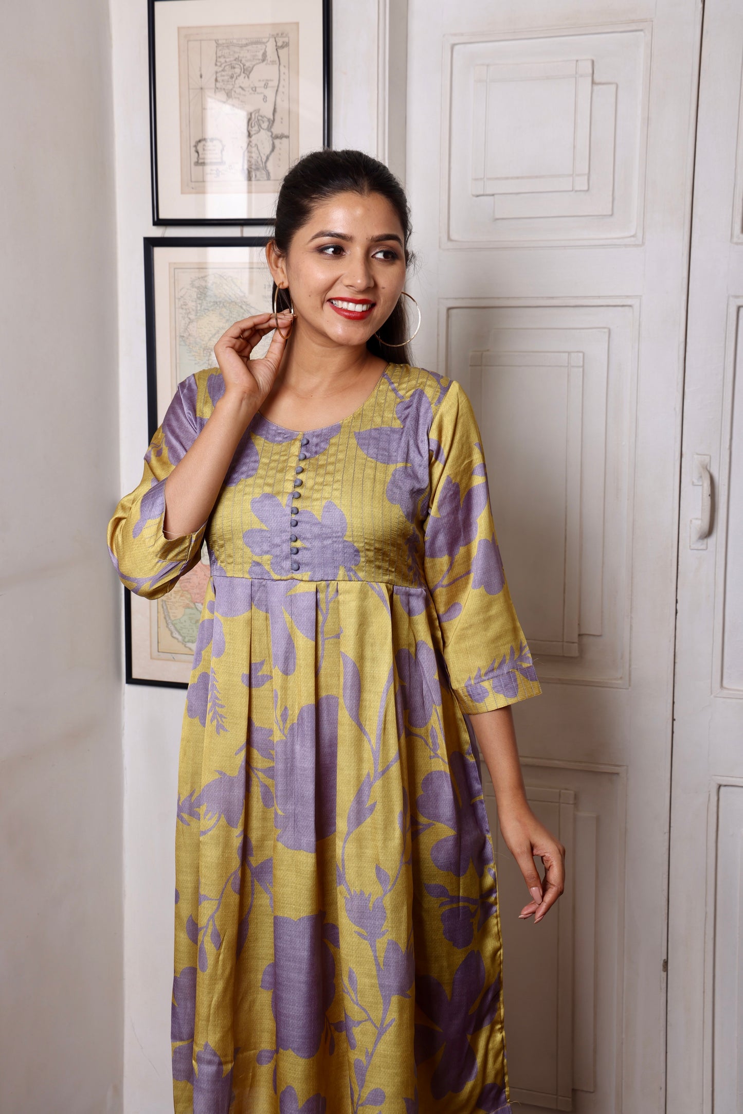 Yellow Green Floral Muslin Dress