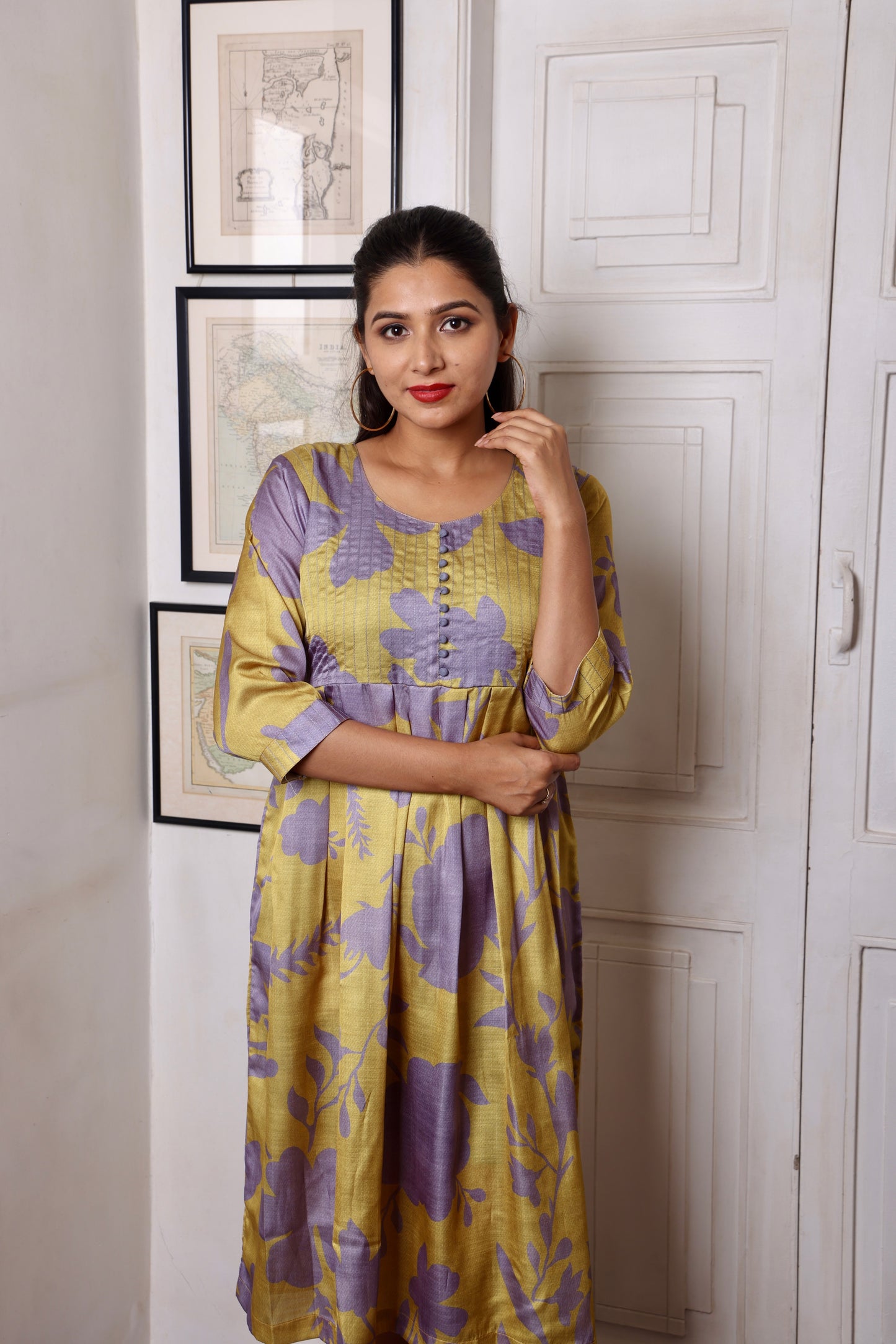 Yellow Green Floral Muslin Dress