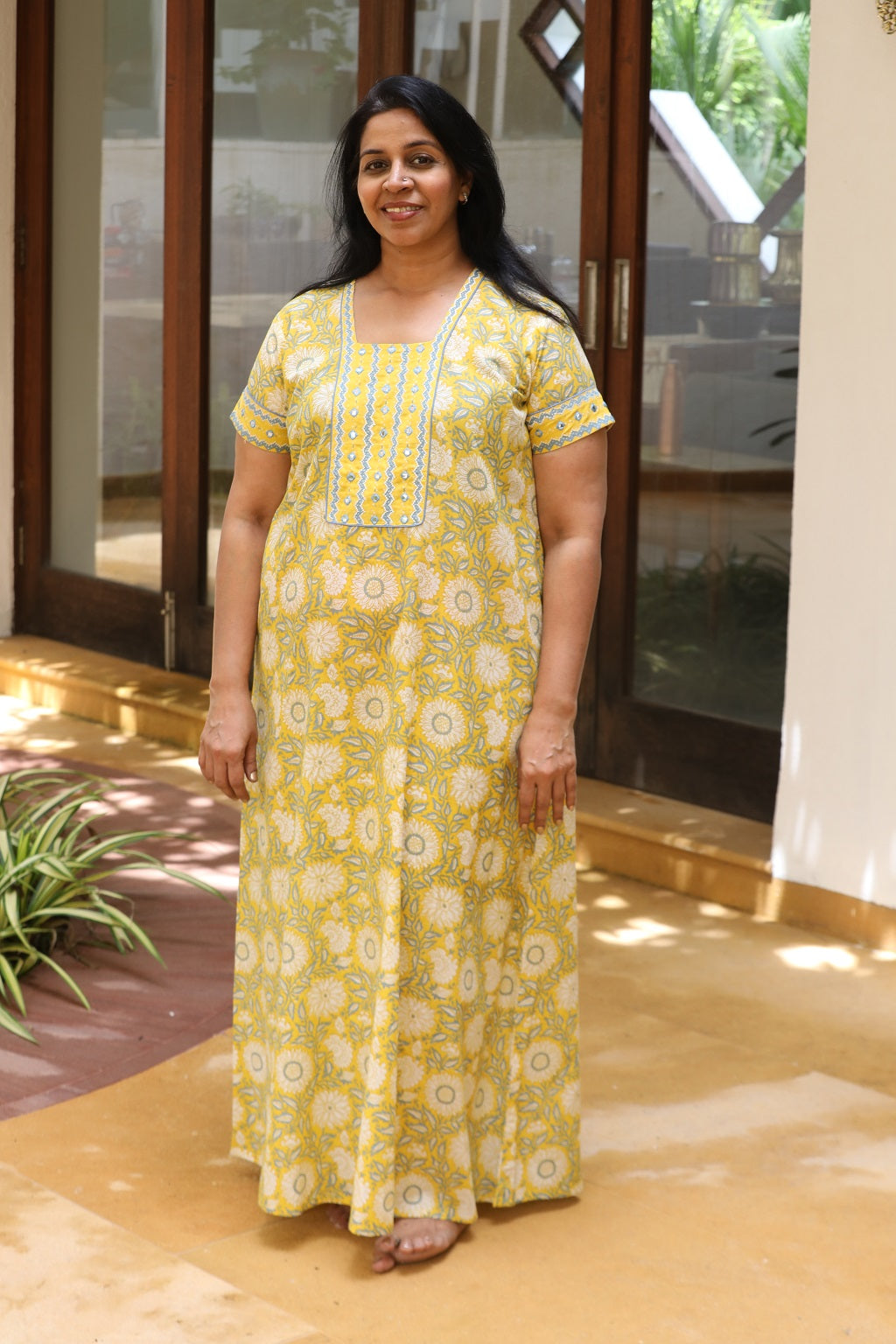 Yellow Cotton Mirror Yoke Kaftan