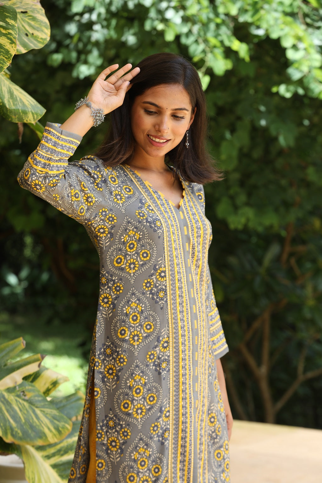 Grey Yellow Printed Ethnic Suit