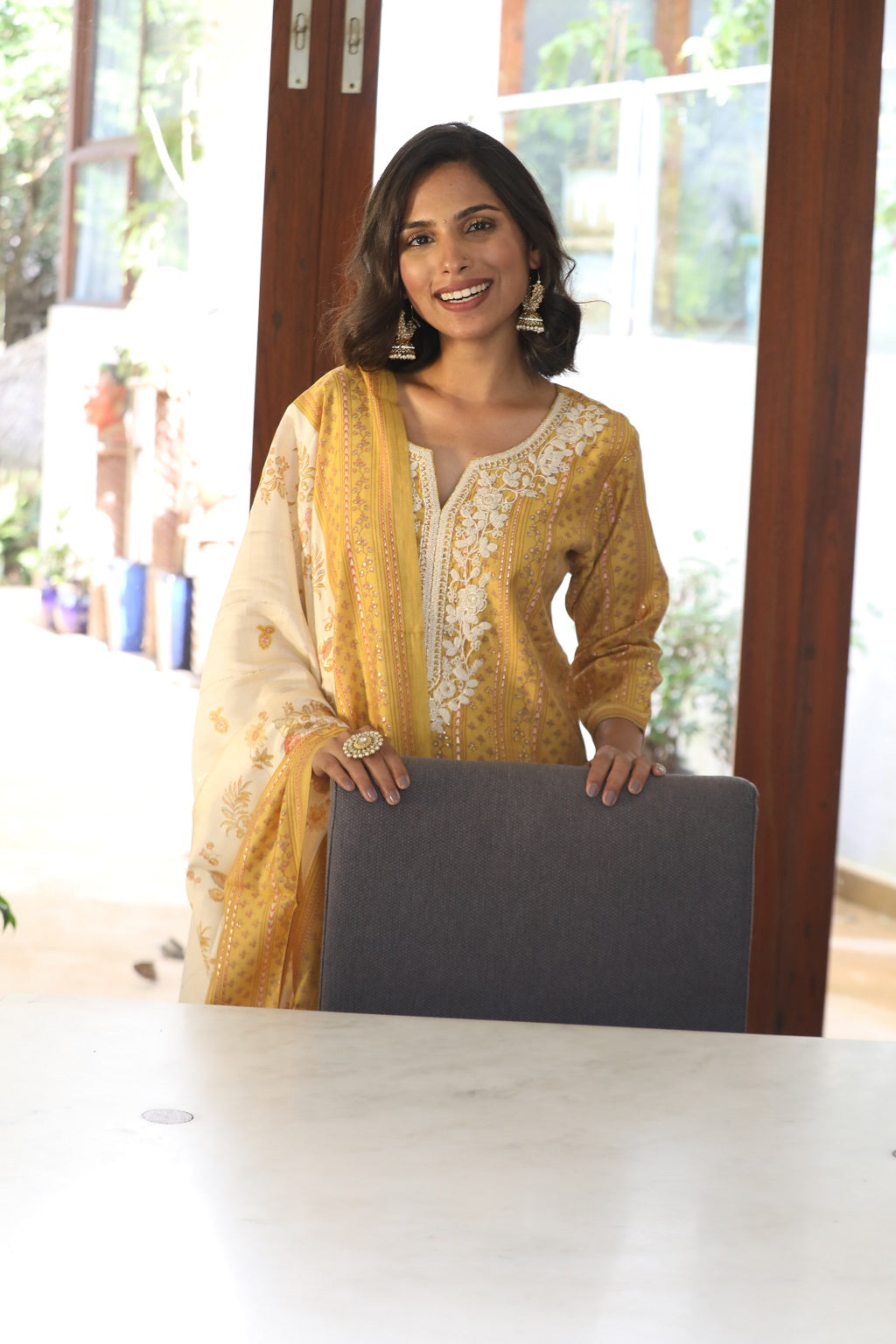 Muslin Emroidered Yoke Ethnic Suit