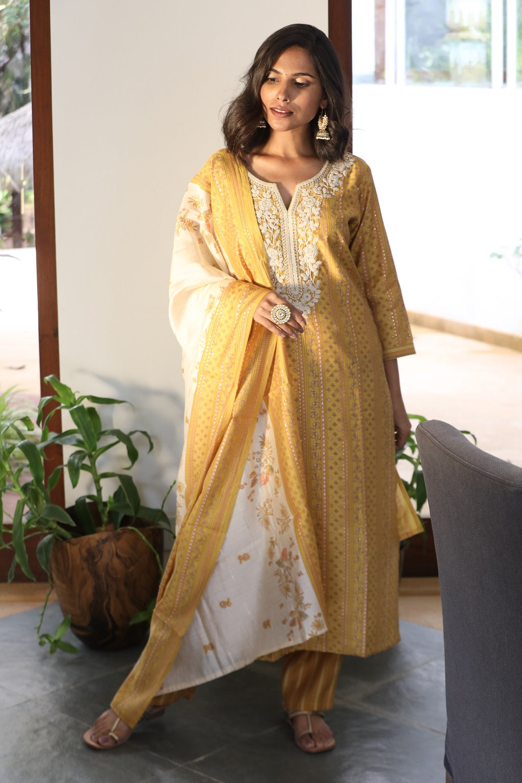 Muslin Emroidered Yoke Ethnic Suit