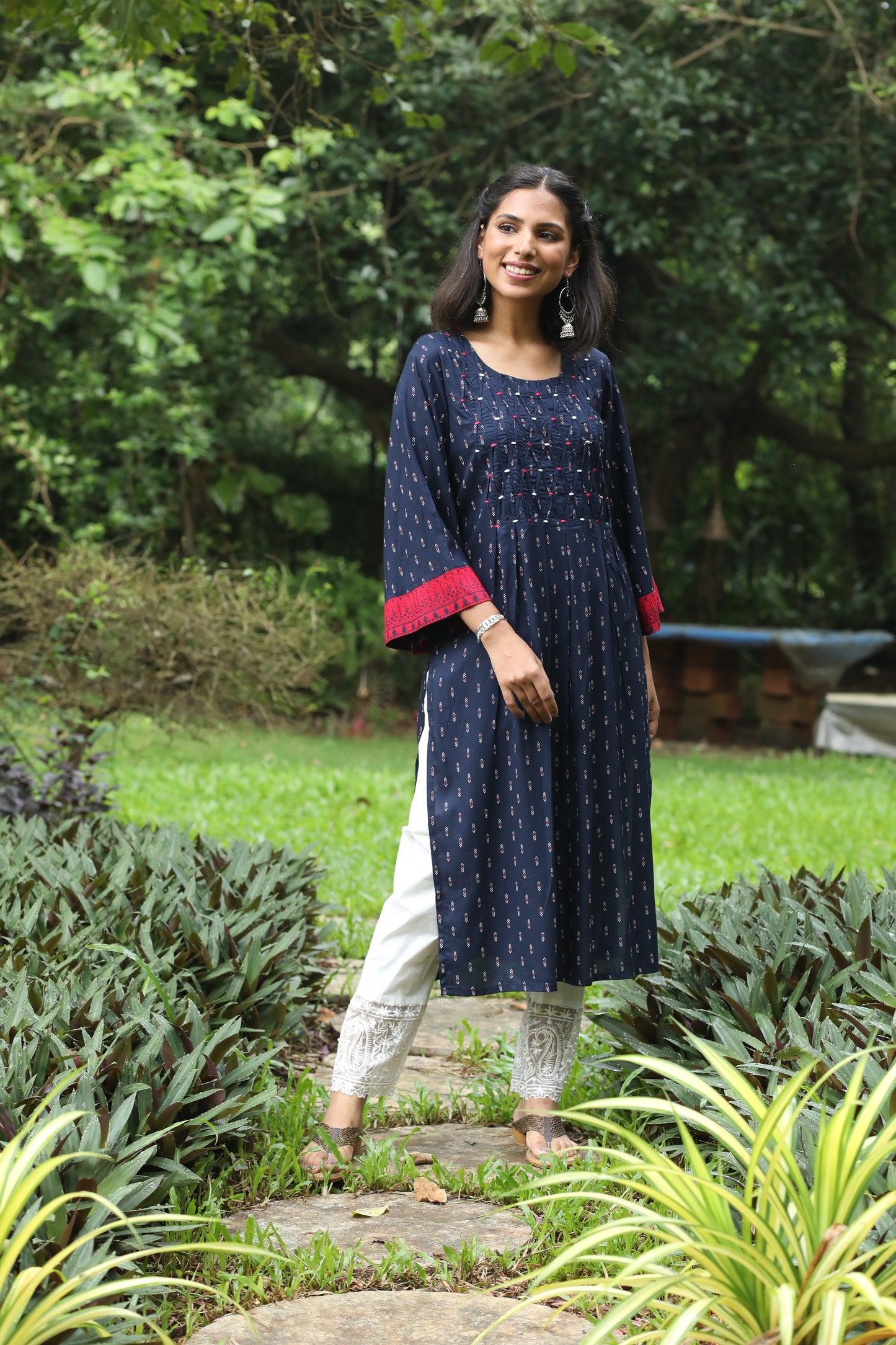 Navy Blue Bell Sleeve Long Kurta
