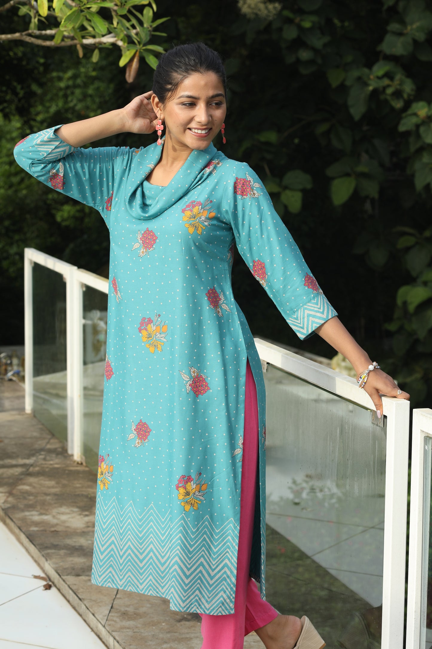 Blue Cowl Neck Long Kurta
