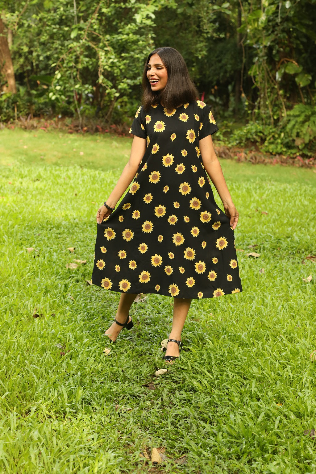 Black Yellow Sunflower Print Dress
