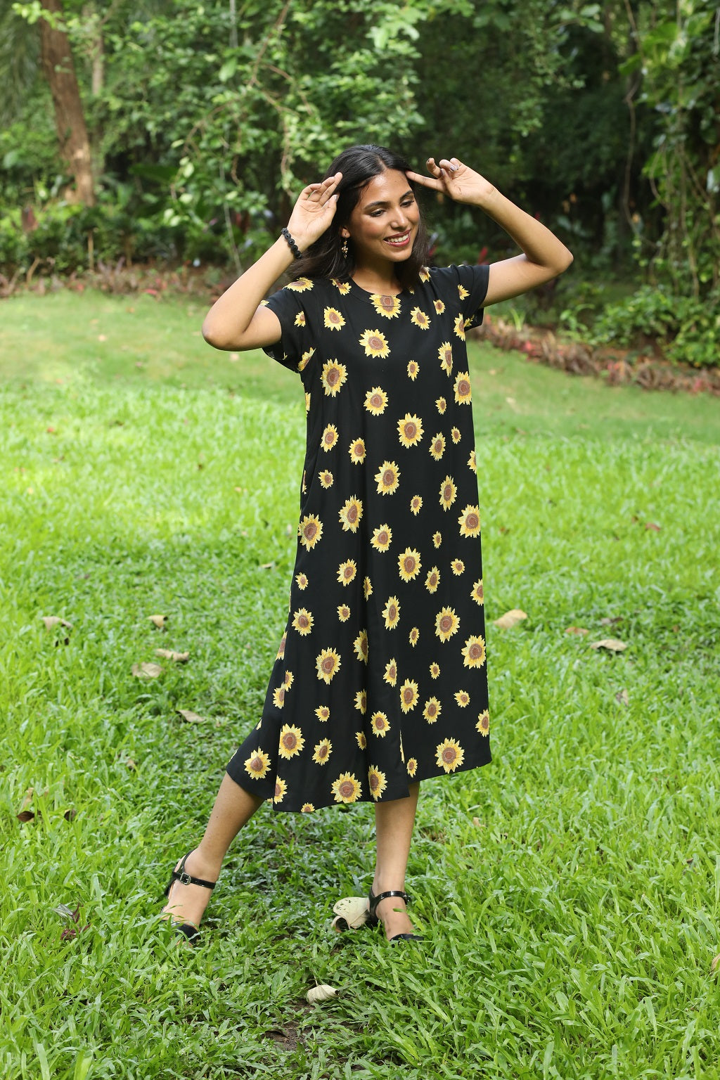 Black Yellow Sunflower Print Dress