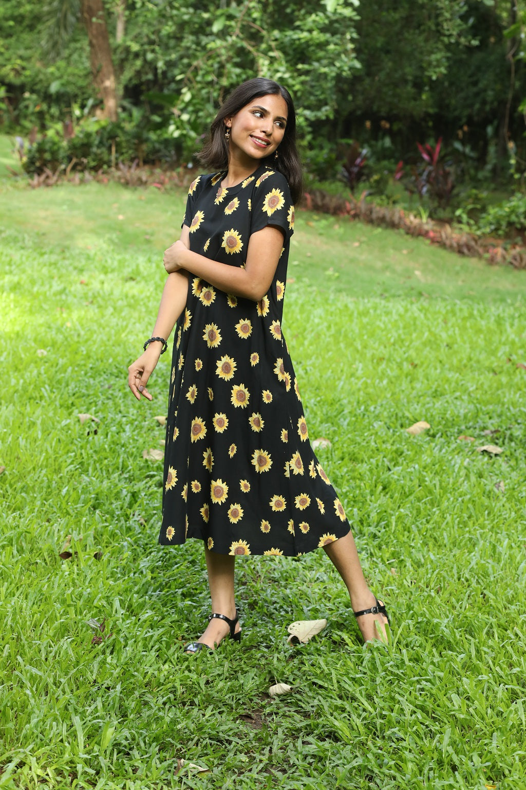 Black Yellow Sunflower Print Dress