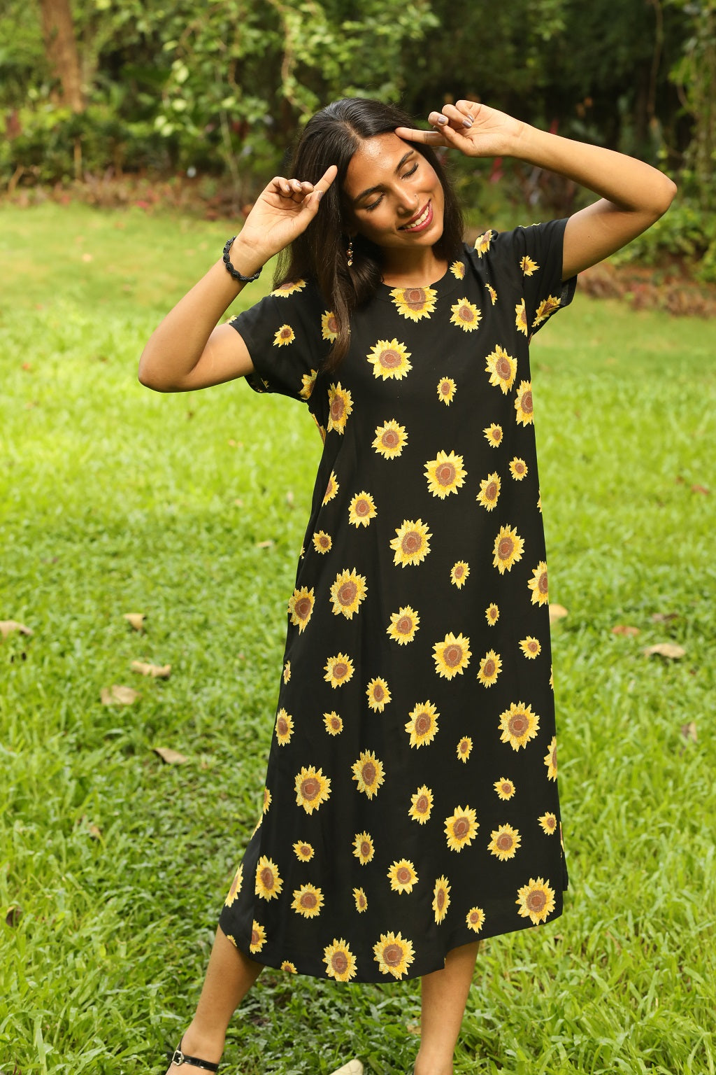 Black Yellow Sunflower Print Dress