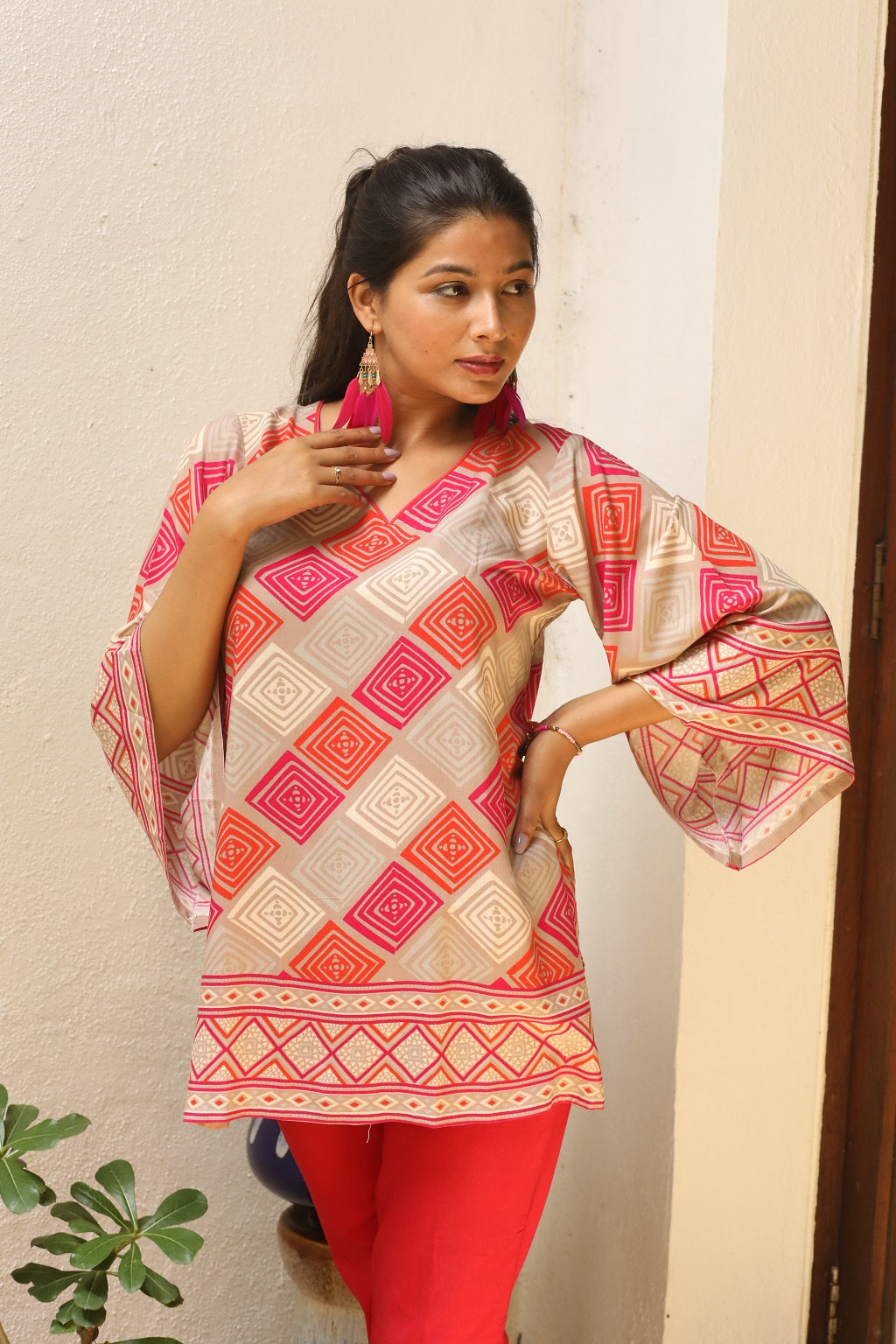 Multicolored Bell Sleeve Short Kurti