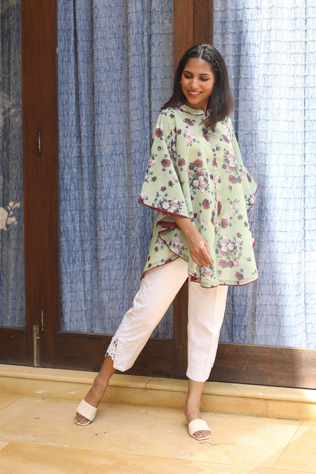 Floral Linen Cape Short Kurti
