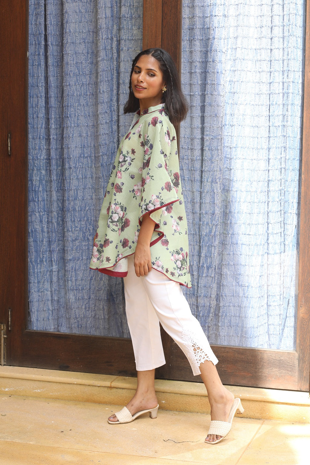 Floral Linen Cape Short Kurti