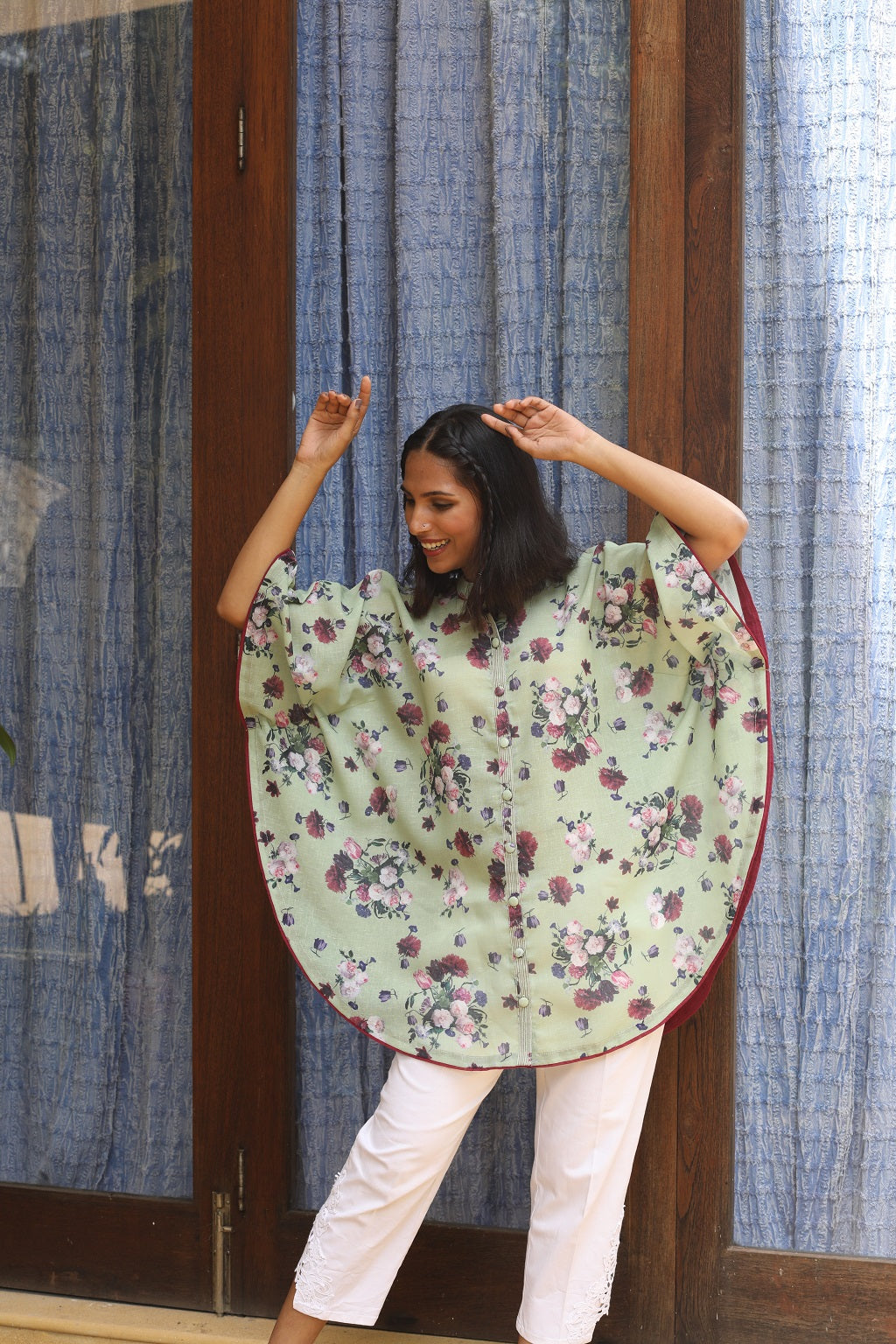 Floral Linen Cape Short Kurti