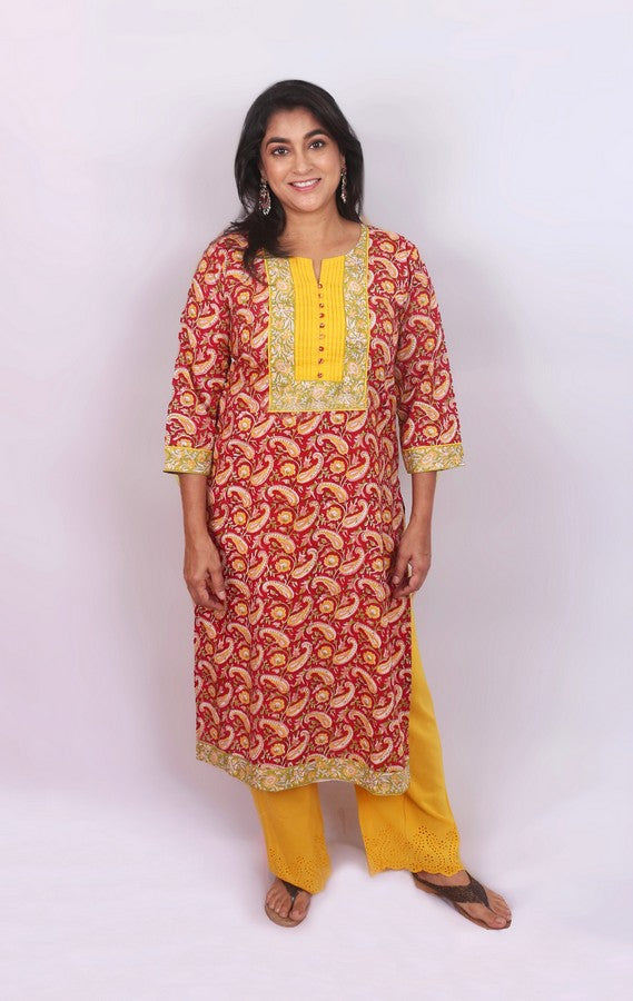 Cotton Printed Pintuck Yoke Kurta