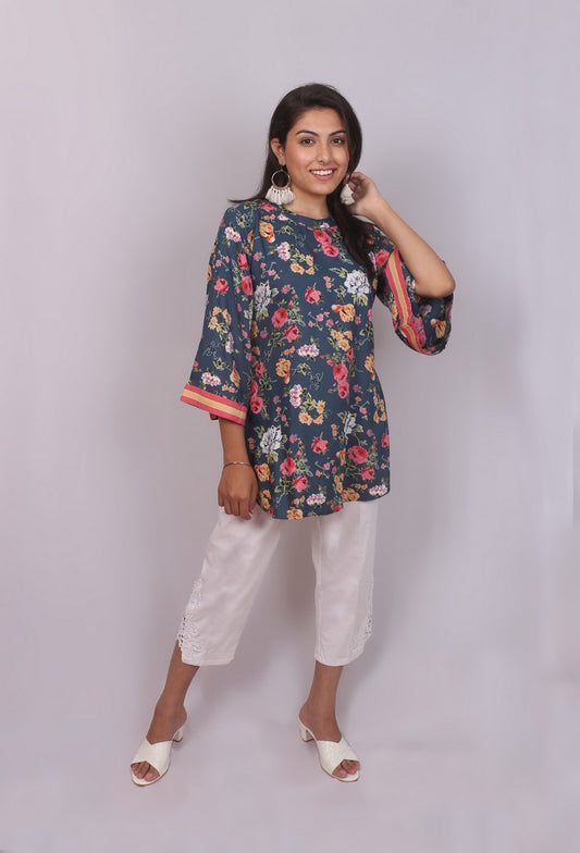 Floral Printed Bell Sleeved Short Kurti