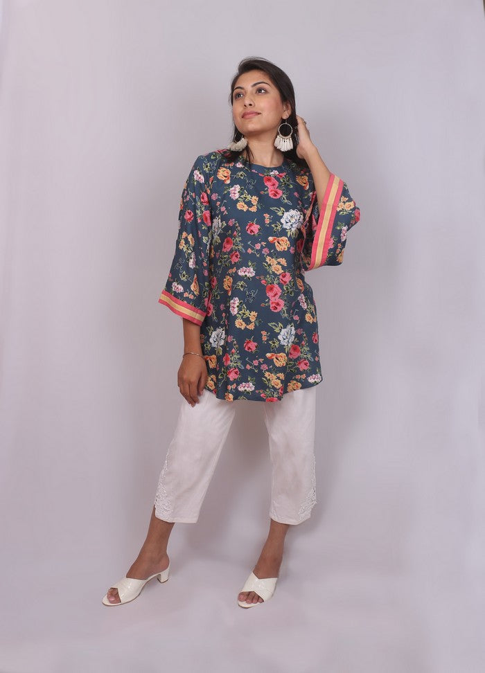 Floral Printed Bell Sleeved Short Kurti