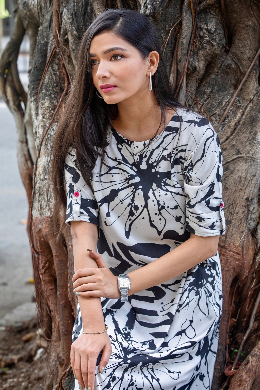 Cream & Black Printed Dress