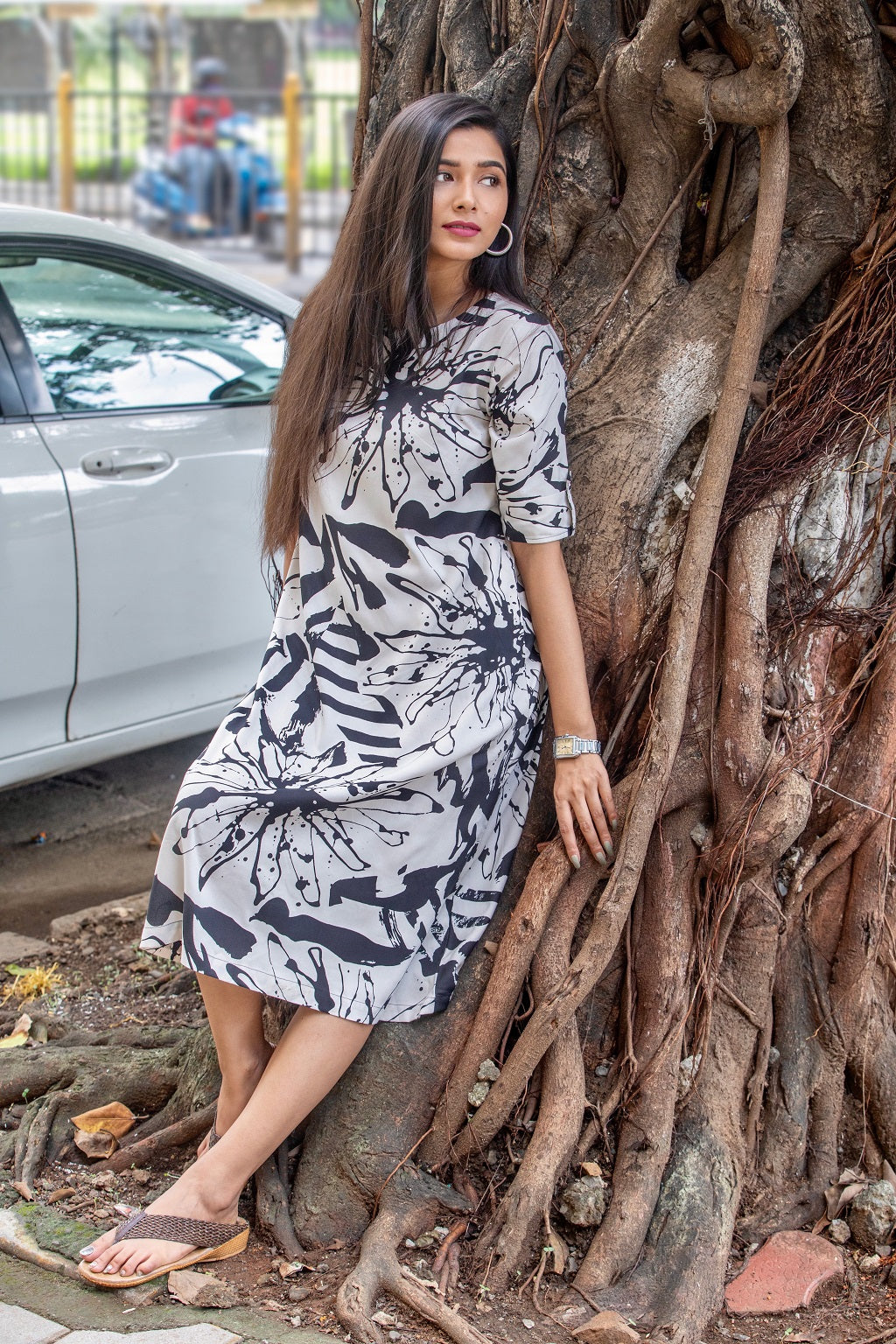 Cream & Black Printed Dress