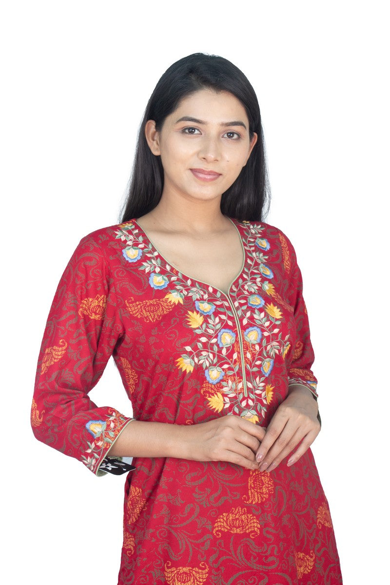 Maroon Printed Multi Embroidered Kaftan
