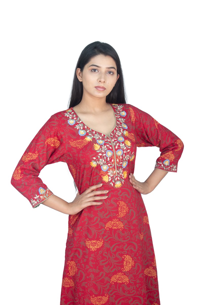 Maroon Printed Multi Embroidered Kaftan