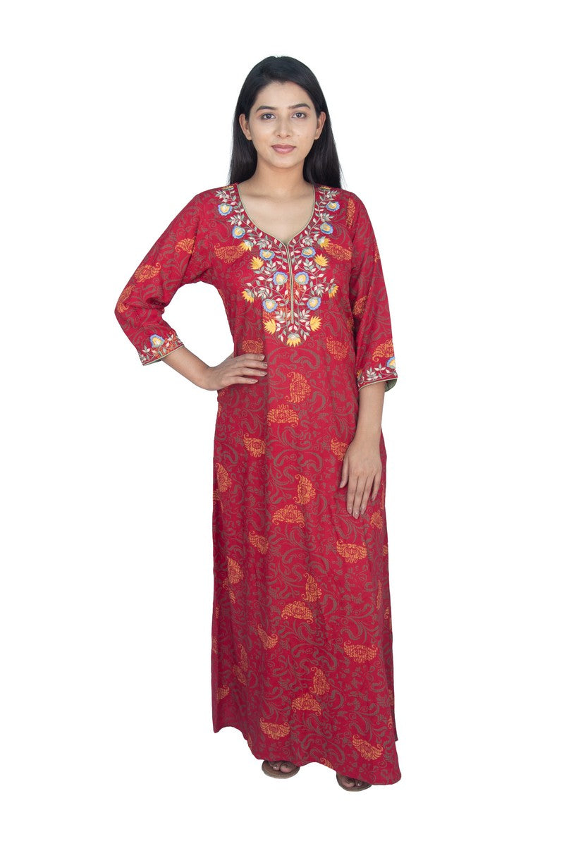 Maroon Printed Multi Embroidered Kaftan