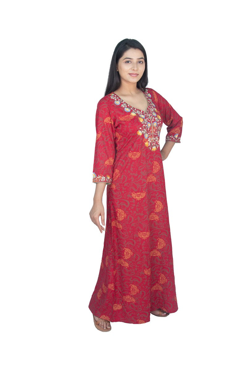 Maroon Printed Multi Embroidered Kaftan