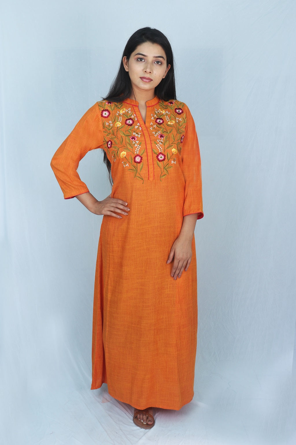 Mustard Embroidered Yoke Kaftan
